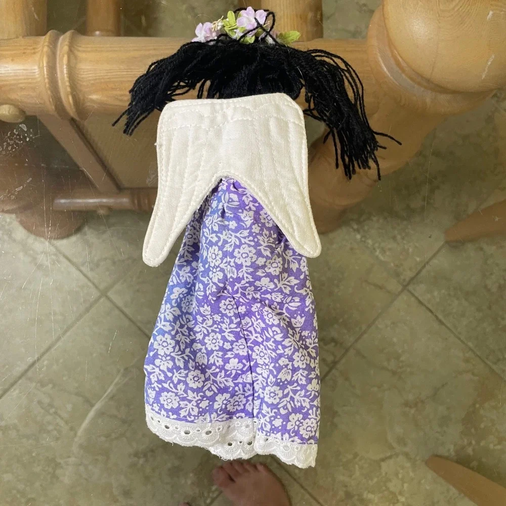 Vintage‎ Hawaiian Floral Angel Doll Purple White Dress Handmade Folk Art Decor
